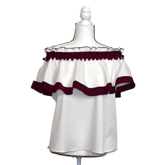 Sugar + Lips Amy Beaufort Linen Co. Off The Shoulder Top White Maroon Si… - Picture 1 of 12